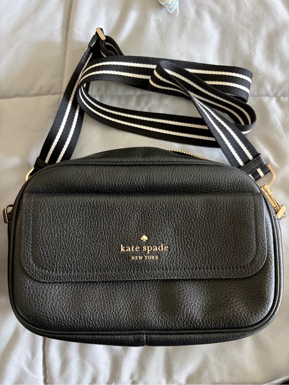 kate spade Black Pebbled Leather Crossbody with Striped Strap